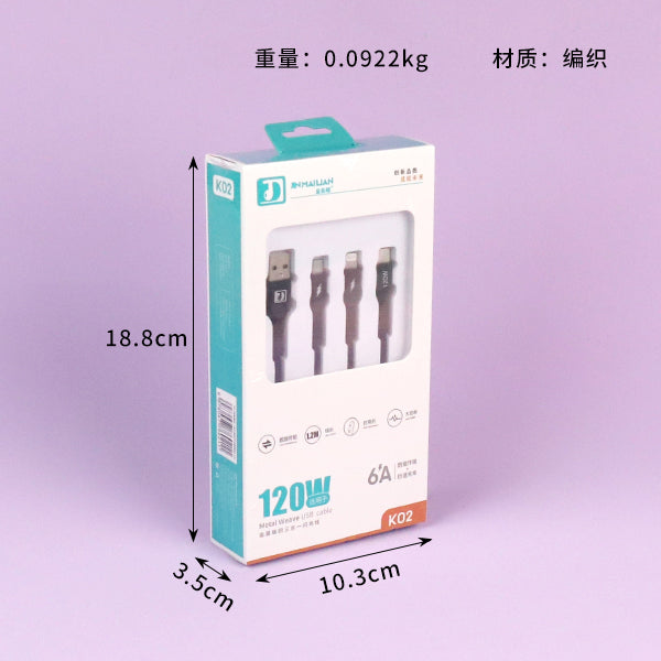 K02 Flash Charging 3-in-1 Data Cable 1.2M - Universal for iPhone/Android/Type-C A.12 JPDB