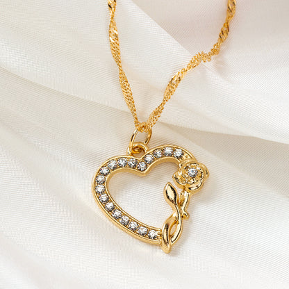 Micro-paved Gold Heart Rose Necklace M.43