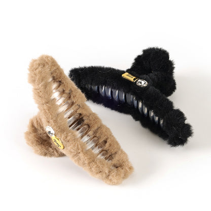 M42 5.12 Inch Large Hair Claw with Double-Side Crystal Accessory & Furry Texture