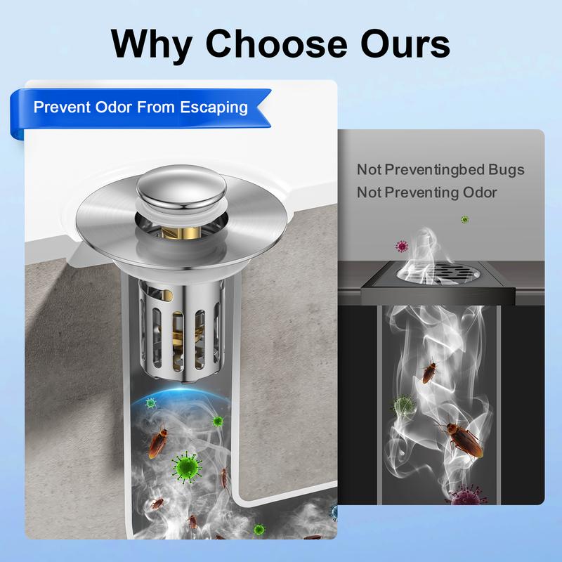 Tapón de drenaje para lavabo de baño, tapón de fregadero universal 2 en 1, emergente con filtro de acero inoxidable extraíble antiobstrucciones, tapón de drenaje para el cabello, tapón antiolor 