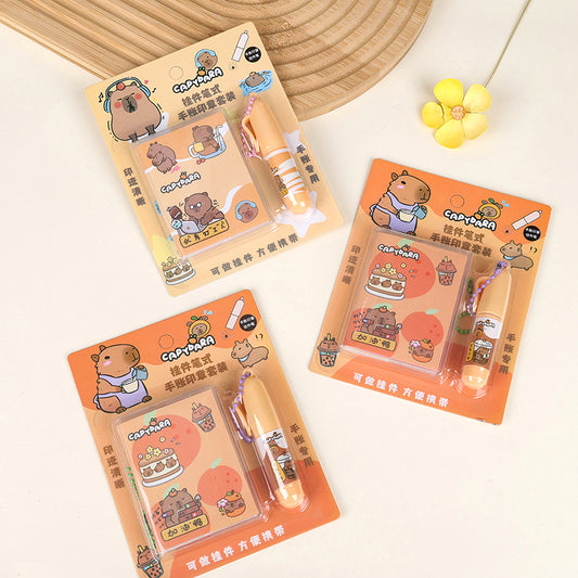 Pen-Chain Handbook Stamp Set (Random Styles) Mini A7 Notebook + 6 Stamps + Pen for Students & Journal Lovers M.81