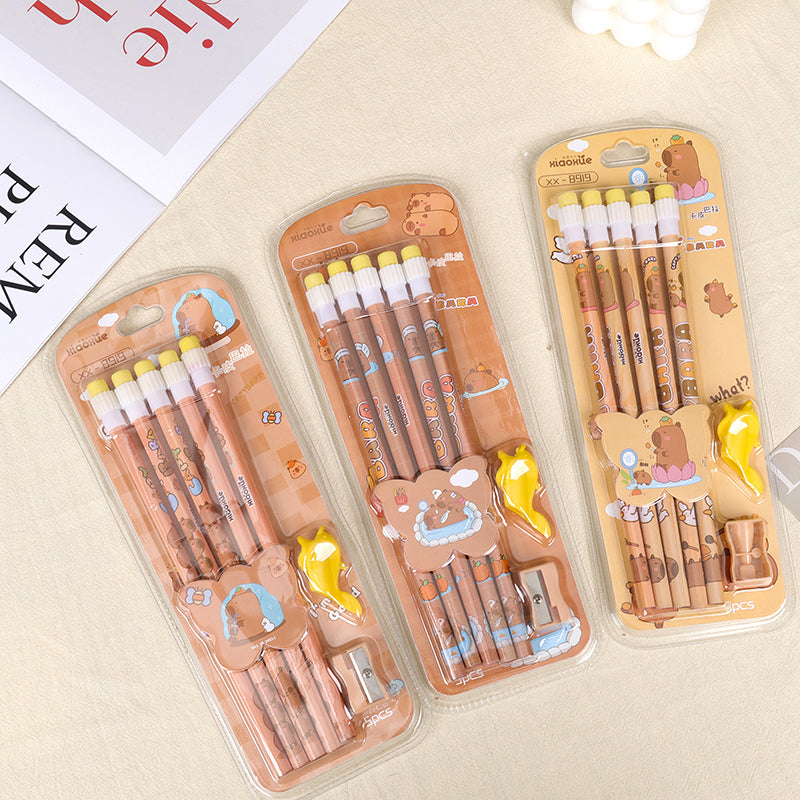 XX - 8919 Set of Five Capibara - themed Pencils with Large Eraser Tips M.82