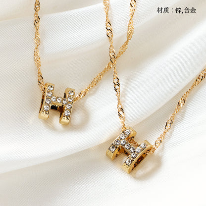 Pave - set Diamond H - letter Water - wave Necklace M.43