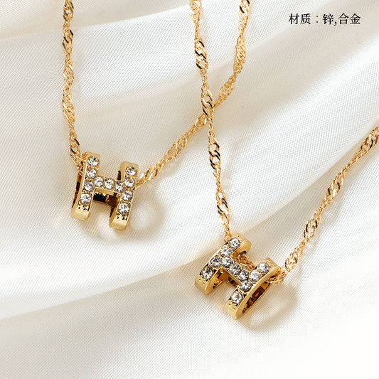 Pave - set Diamond H - letter Water - wave Necklace M.43