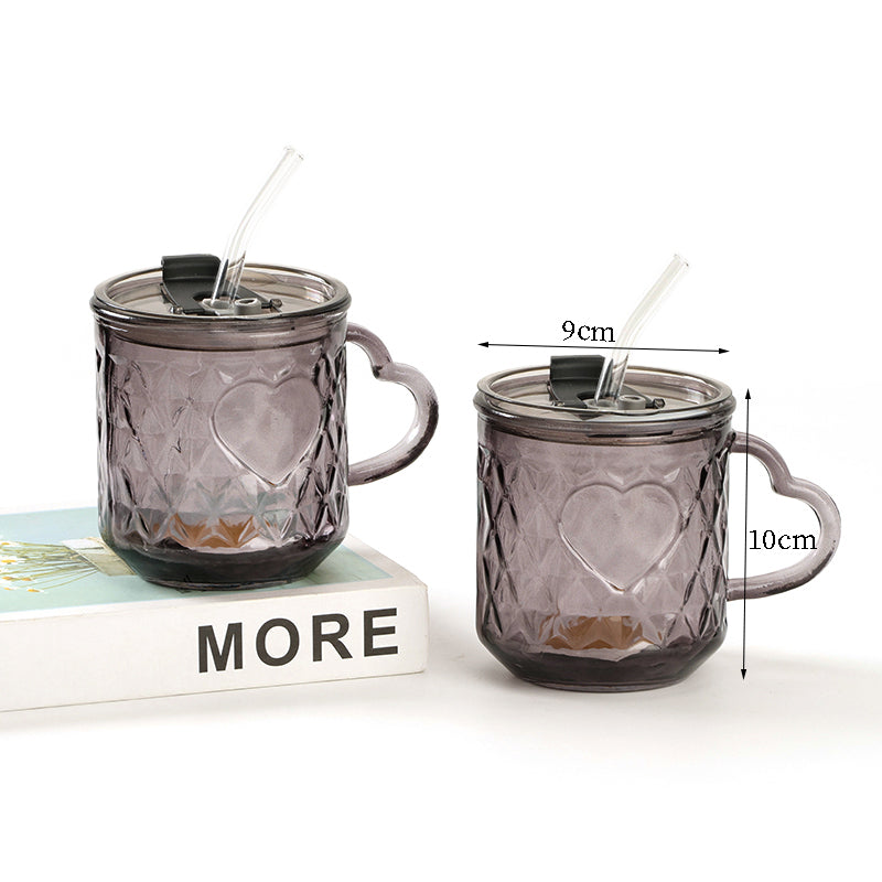 Feifan Heart Pattern Glass Cup with Handle (with Straw and Lid 420ml) M.17