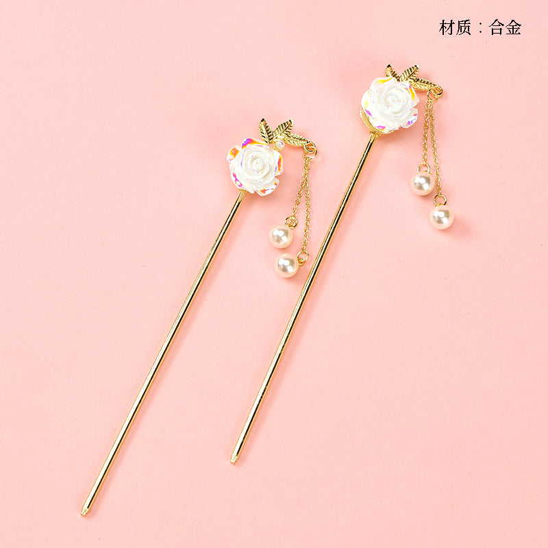 M42 Hair Pin with Camellia, Pearl & Tassel Detail