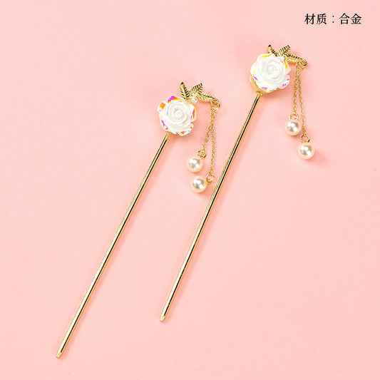 M42 Hair Pin with Camellia, Pearl & Tassel Detail