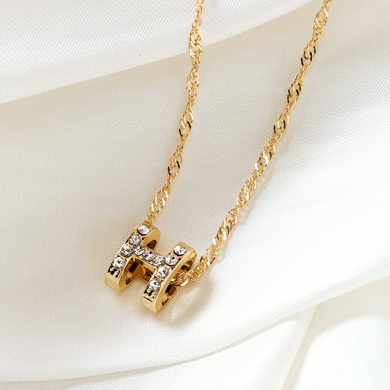 Pave - set Diamond H - letter Water - wave Necklace M.43