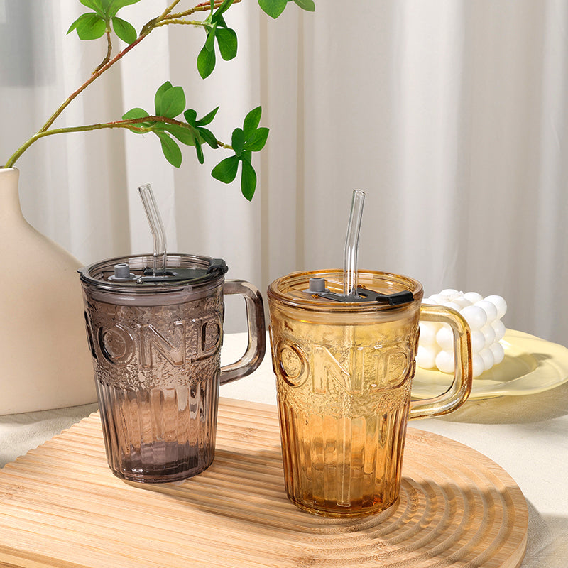 Transparent Glass Cup with Letter Design and Handle, with Straw and Lid (480ml) M.17