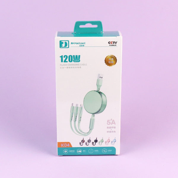 1.2m Retractable Frosted 3-in-1 Data Cable - Model K04 A12JPDB