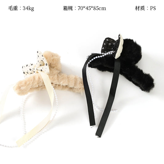 M42 4.33 Inch Large Hair Claw with Plush Pearl Ruffle Bowtie Design