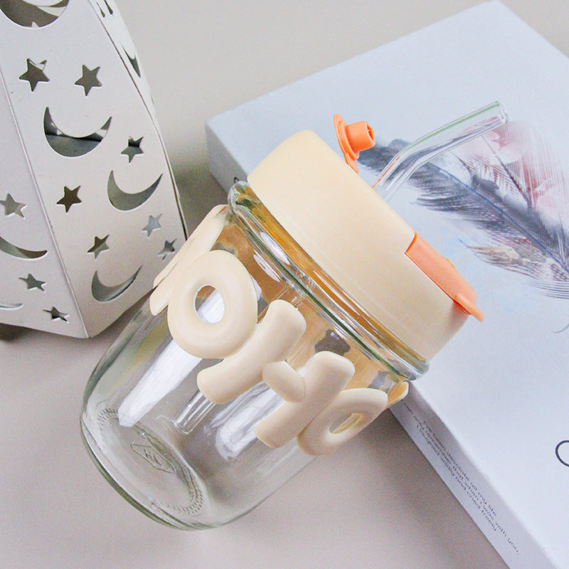 320ml Dual-Drinking Cup with 7mm Alphabet Glass Straw & Lid M.17