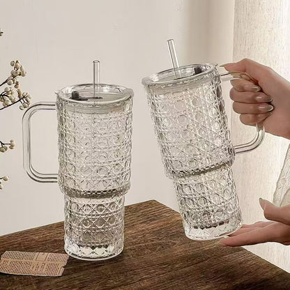 Quanming Ice King Glass Handle Cup (750ML, with straw and lid)  M.17 M.65