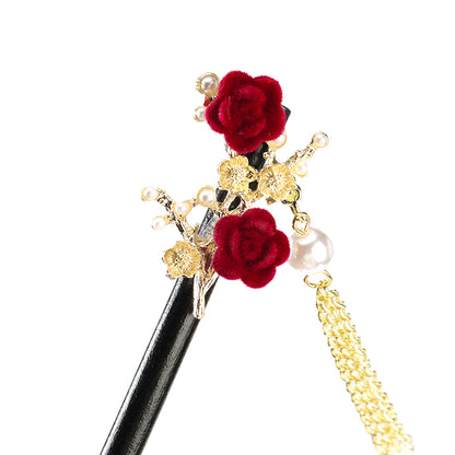 M42 Wooden Hair Pin with Flocked Rose & Tassel Details