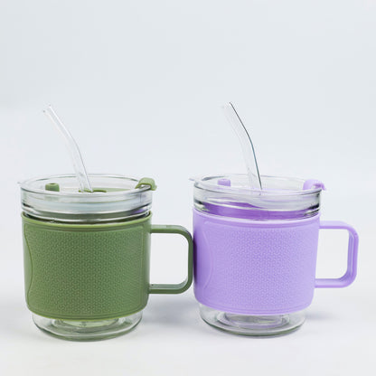 400ml Plastic-Shell Dual-Drinking Glass Cup with Handle Straw & Lid M.17