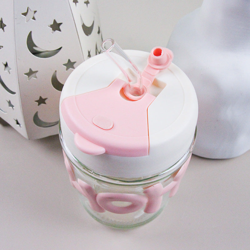 320ml Dual-Drinking Cup with 7mm Alphabet Glass Straw & Lid M.17