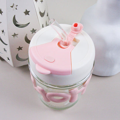320ml Dual-Drinking Cup with 7mm Alphabet Glass Straw & Lid M.17