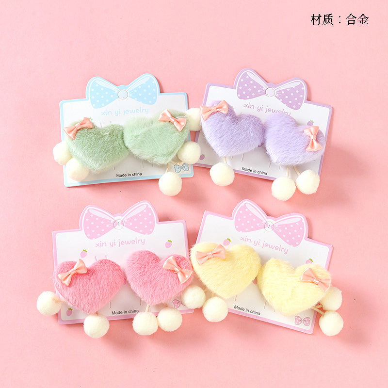 M42 Boxed Heart-Shaped Furry Pom-Pom Hair Clips for Kids