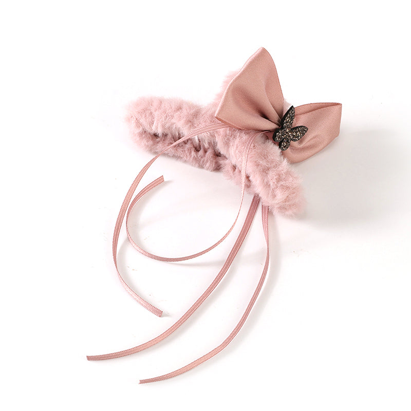 M42 4.33 Inch Large Hair Claw with Plush Pearl Ruffle Bowtie Design