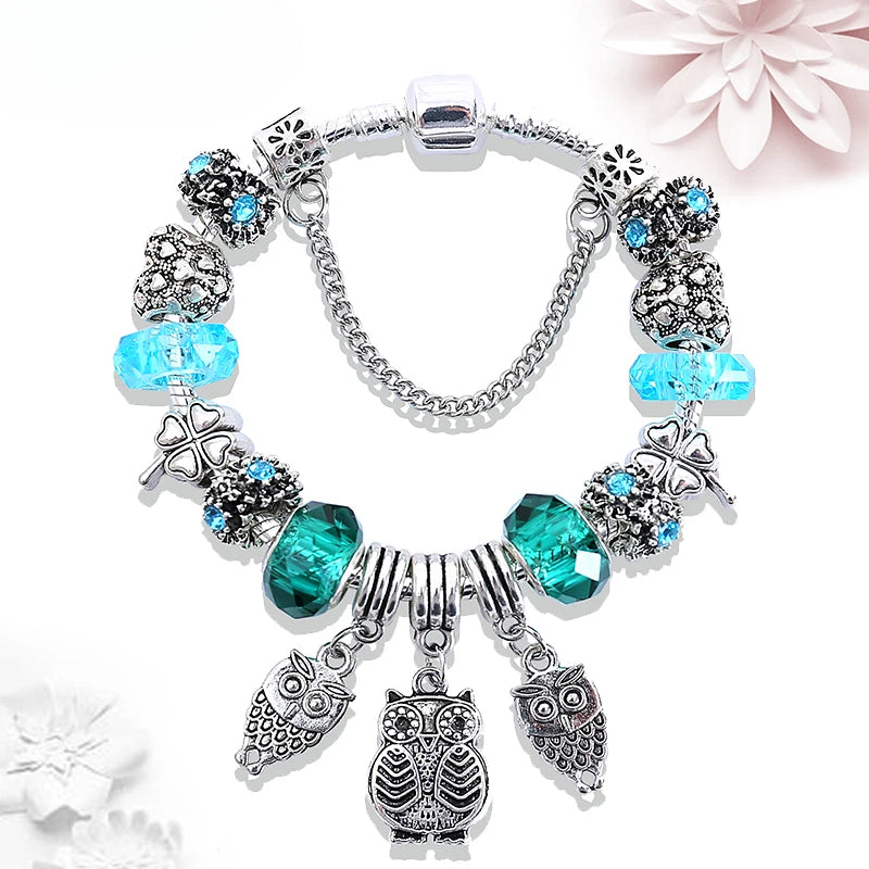 Retro Silver Tree of Life Charm Bracelet Green Crystal Flower Bead  DIY Jewelry 1102936551-B946