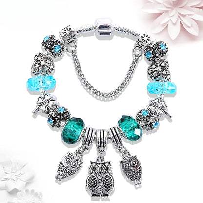 Retro Silver Tree of Life Charm Bracelet Green Crystal Flower Bead  DIY Jewelry 1102936551-B946