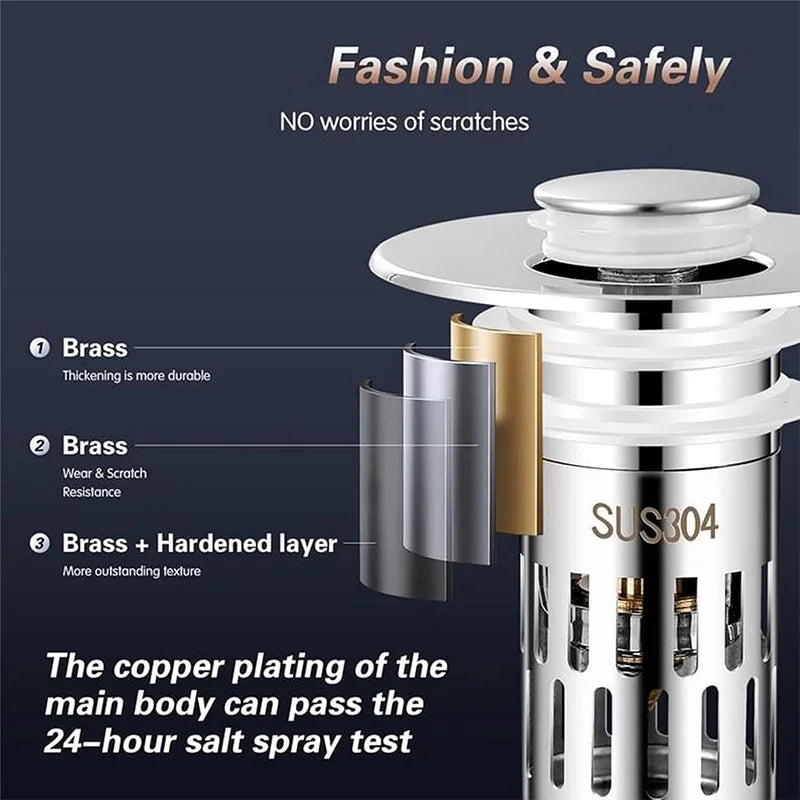 Tapón de drenaje para lavabo de baño, tapón de fregadero universal 2 en 1, emergente con filtro de acero inoxidable extraíble antiobstrucciones, tapón de drenaje para el cabello, tapón antiolor 