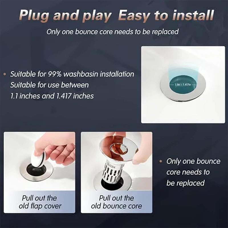 Tapón de drenaje para lavabo de baño, tapón de fregadero universal 2 en 1, emergente con filtro de acero inoxidable extraíble antiobstrucciones, tapón de drenaje para el cabello, tapón antiolor 