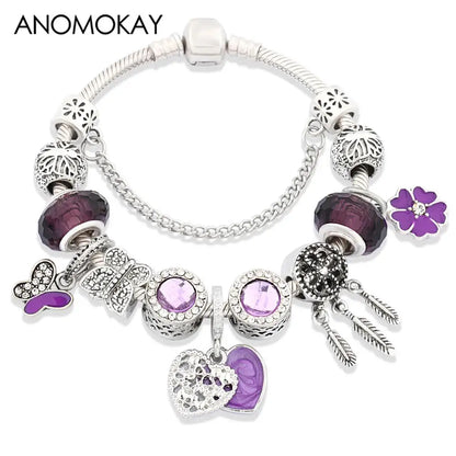 Classic Purple Butterfly Flower Pendant Charm Bracelet Silver Color Dream Catcher Bead Bracelets Purple Crystal Jewelry 1102936551-B