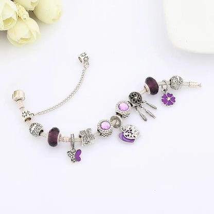 Classic Purple Butterfly Flower Pendant Charm Bracelet Silver Color Dream Catcher Bead Bracelets Purple Crystal Jewelry 1102936551-B
