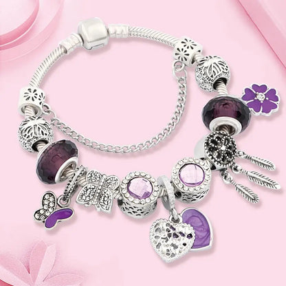 Classic Purple Butterfly Flower Pendant Charm Bracelet Silver Color Dream Catcher Bead Bracelets Purple Crystal Jewelry 1102936551-B