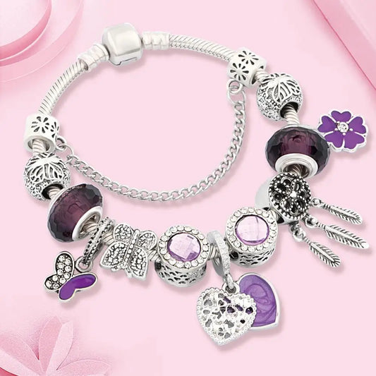 Classic Purple Butterfly Flower Pendant Charm Bracelet Silver Color Dream Catcher Bead Bracelets Purple Crystal Jewelry 1102936551-B