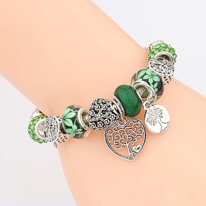 Retro Silver Tree of Life Charm Bracelet Green Crystal Flower Bead  DIY Jewelry 1102936551-B872