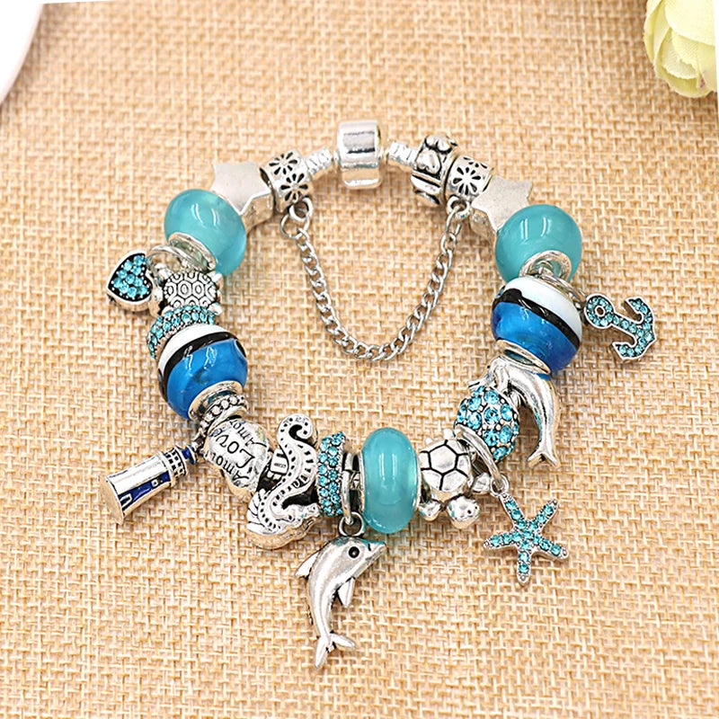 Classic Design Dolphin Charm Bracelets & Bangles for Women Jewelry Gift Blue Murano Crystal Glass Diy Bead Bracelets 1102936551-B