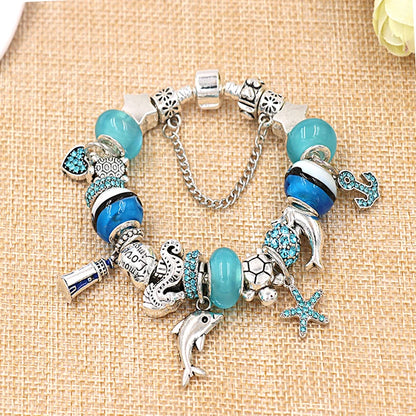 Classic Design Dolphin Charm Bracelets & Bangles for Women Jewelry Gift Blue Murano Crystal Glass Diy Bead Bracelets 1102936551-B