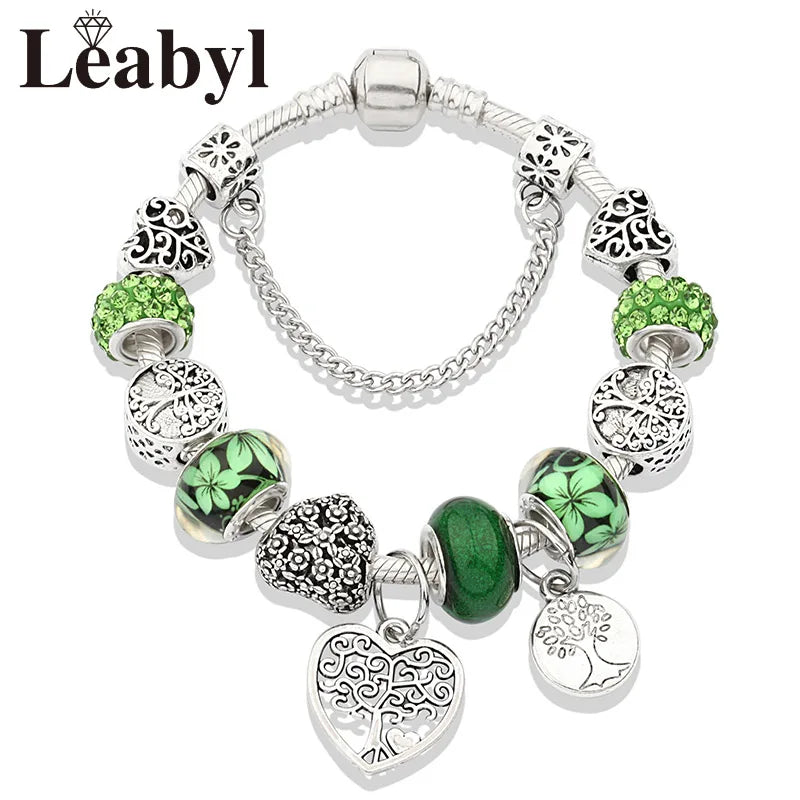Retro Silver Tree of Life Charm Bracelet Green Crystal Flower Bead  DIY Jewelry 1102936551-B