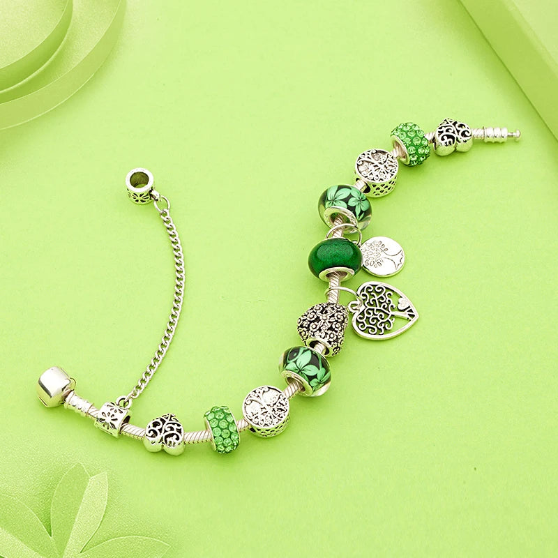 Retro Silver Tree of Life Charm Bracelet Green Crystal Flower Bead  DIY Jewelry 1102936551-B