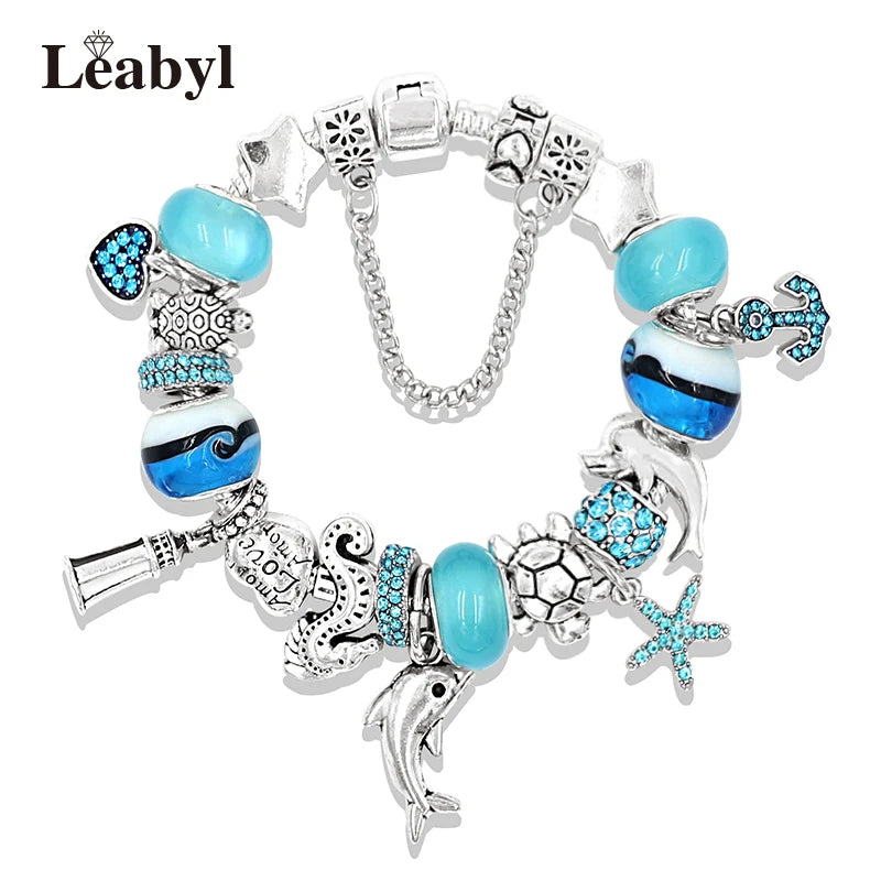 Classic Design Dolphin Charm Bracelets & Bangles for Women Jewelry Gift Blue Murano Crystal Glass Diy Bead Bracelets 1102936551-B