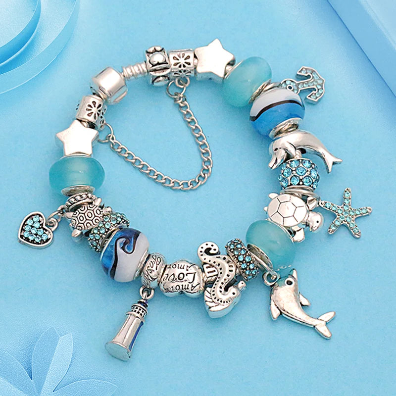 Classic Design Dolphin Charm Bracelets & Bangles for Women Jewelry Gift Blue Murano Crystal Glass Diy Bead Bracelets 1102936551-B