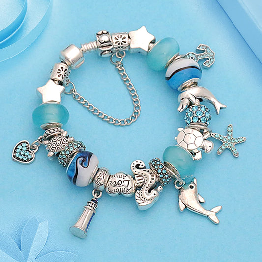 Classic Design Dolphin Charm Bracelets & Bangles for Women Jewelry Gift Blue Murano Crystal Glass Diy Bead Bracelets 1102936551-B