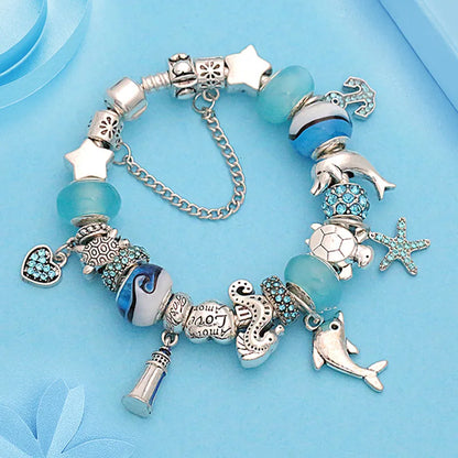 Classic Design Dolphin Charm Bracelets & Bangles for Women Jewelry Gift Blue Murano Crystal Glass Diy Bead Bracelets 1102936551-B