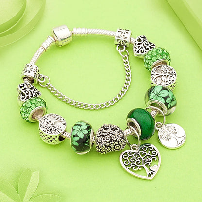Retro Silver Tree of Life Charm Bracelet Green Crystal Flower Bead  DIY Jewelry 1102936551-B
