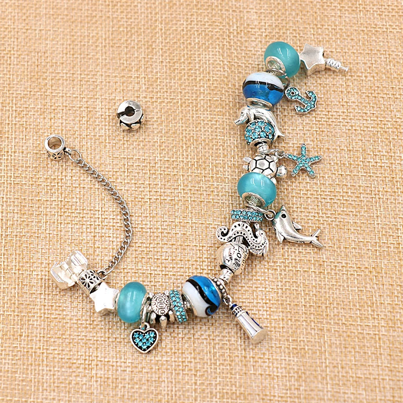 Classic Design Dolphin Charm Bracelets & Bangles for Women Jewelry Gift Blue Murano Crystal Glass Diy Bead Bracelets 1102936551-B