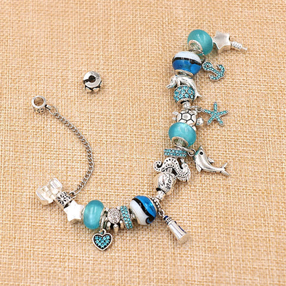 Classic Design Dolphin Charm Bracelets & Bangles for Women Jewelry Gift Blue Murano Crystal Glass Diy Bead Bracelets 1102936551-B