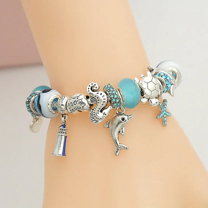Classic Design Dolphin Charm Bracelets & Bangles for Women Jewelry Gift Blue Murano Crystal Glass Diy Bead Bracelets 1102936551-B