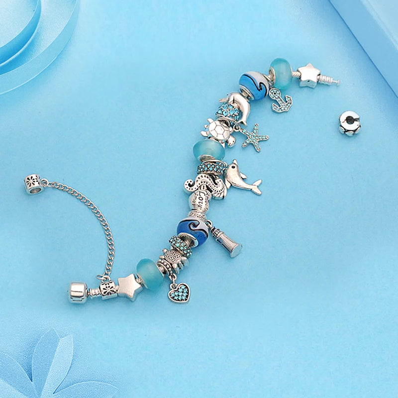 Classic Design Dolphin Charm Bracelets & Bangles for Women Jewelry Gift Blue Murano Crystal Glass Diy Bead Bracelets 1102936551-B