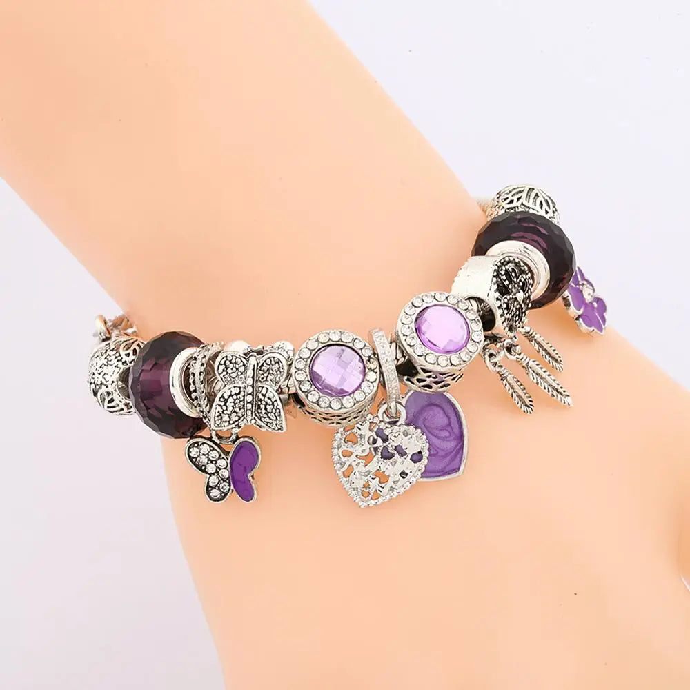 Classic Purple Butterfly Flower Pendant Charm Bracelet Silver Color Dream Catcher Bead Bracelets Purple Crystal Jewelry 1102936551-B