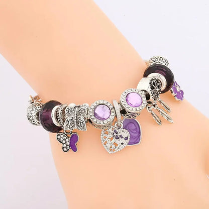 Classic Purple Butterfly Flower Pendant Charm Bracelet Silver Color Dream Catcher Bead Bracelets Purple Crystal Jewelry 1102936551-B