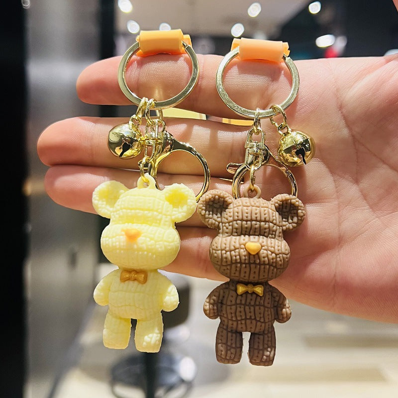 Cartoon Knitted Bear Keychain 3D Doll Bear Bag Charm Soft Rubber Leather Cord Car Key Ring Small Gift M.72