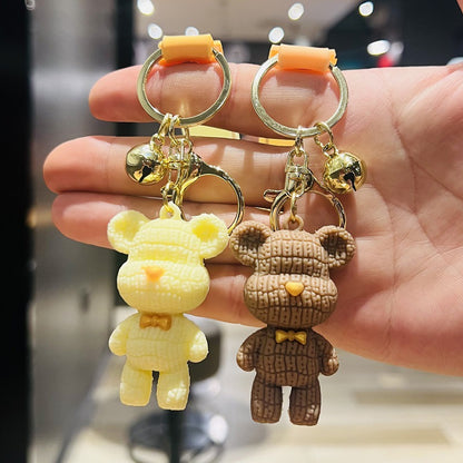 Cartoon Knitted Bear Keychain 3D Doll Bear Bag Charm Soft Rubber Leather Cord Car Key Ring Small Gift M.72