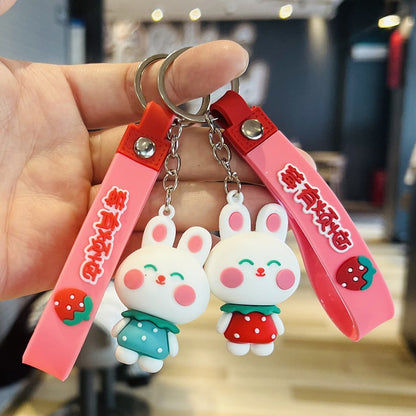 Cartoon Strawberry Rabbit Keychain Bag Pendant 3D Soft Rubber Doll Car Keyring - Event Small Gifts M.72